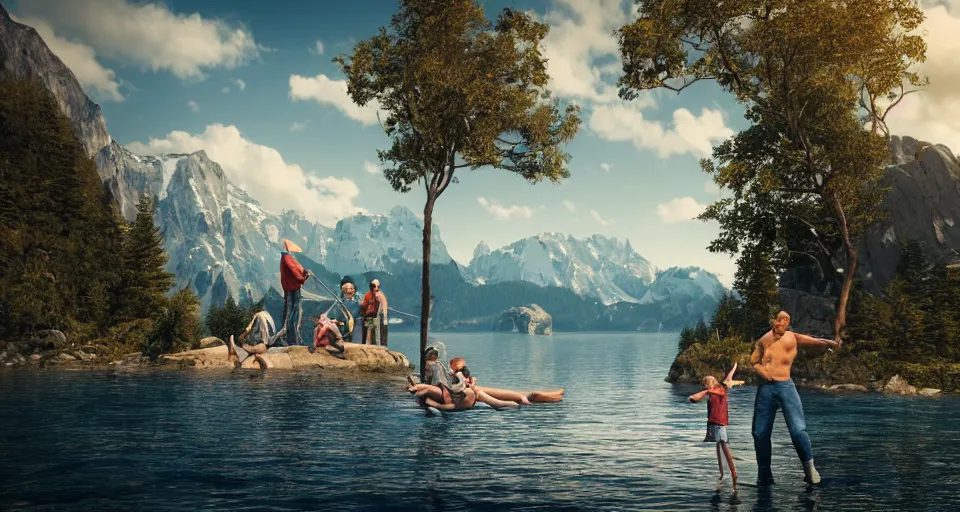 Prompt: An epic landscape photograph of a Mountainrange and a lake, with A family at the center of the image. The man is holding a blue umbrella in his right hand, unreal 5, DAZ, hyperrealistic, octane render, dynamic lighting