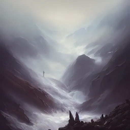 Prompt: oil painting of cinematic mountains with a cloudy sky filled with swirling fog, Greg Rutkowski, morning lighting, mystical, fantasy