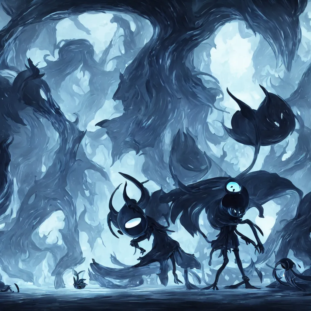 Image similar to concept art for hollow knight. Ominous. High detail. No text. Blue. Bright Colors. nightmare king grimm. Sharp. 4K 8K. Detailed shapes.