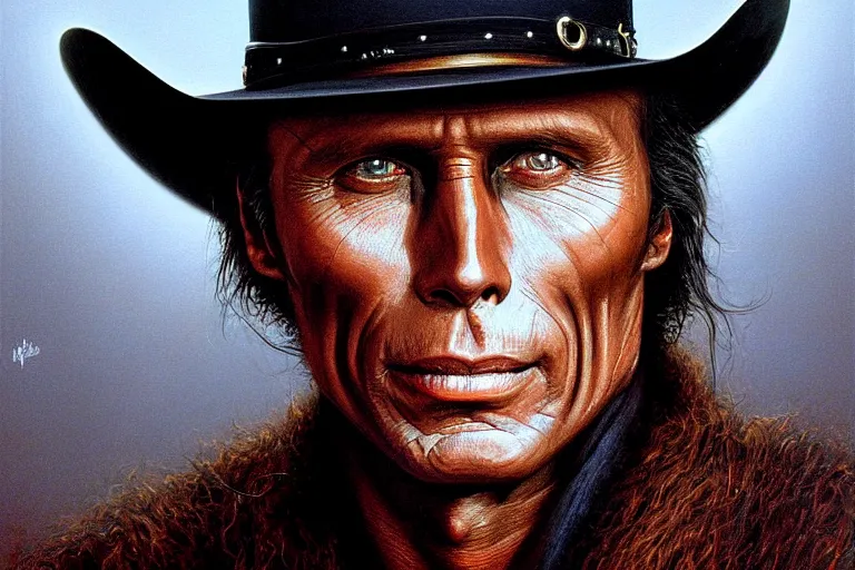 Image similar to poster portrait of peter weller as a black hat cowboy in pale rider ( 1 9 8 5 ). oil painting elegant, highly detailed, centered, digital painting, artstation, concept art, smooth, sharp focus, illustration, artgerm, tomasz alen kopera, peter mohrbacher, donato giancola, joseph christian leyendecker drew struzan