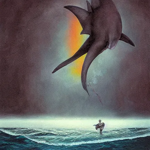 Image similar to a hyper realistic painting of the grim reaper sitting on of a dolphin jumping over a rainbow, by greg rutkowski and santiago caruso,