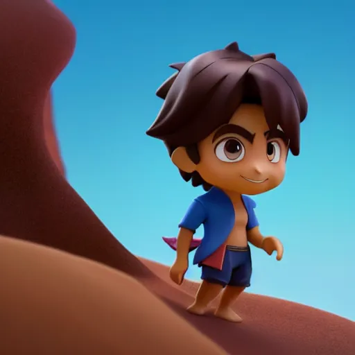 Image similar to profile view of young aladdin as nendoroid walking in a desert in the croods movie style, anime, disney, pixar, 8 k, hd, dof, kodak film, volumetric lighting, subsurface scattering, photorealistic, octane render, details