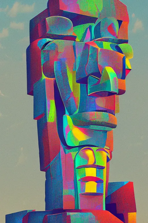 Image similar to cubist moai statue cutout digital illustration cartoon colorful beeple