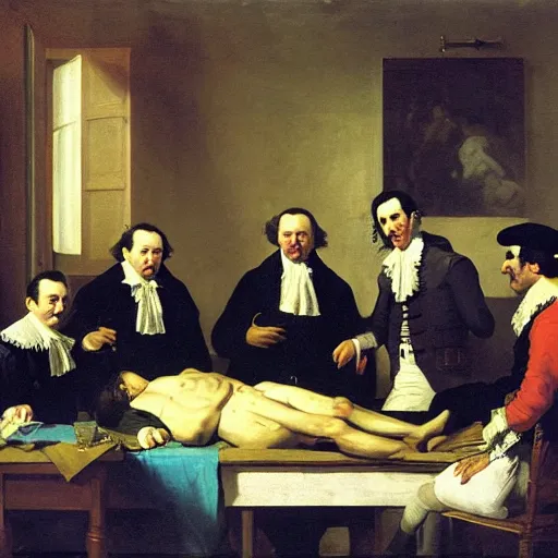 Image similar to The Anatomy Lesson of Dr. Nicolaes Tulp, by Francisco Goya and August Friedrich Schenck