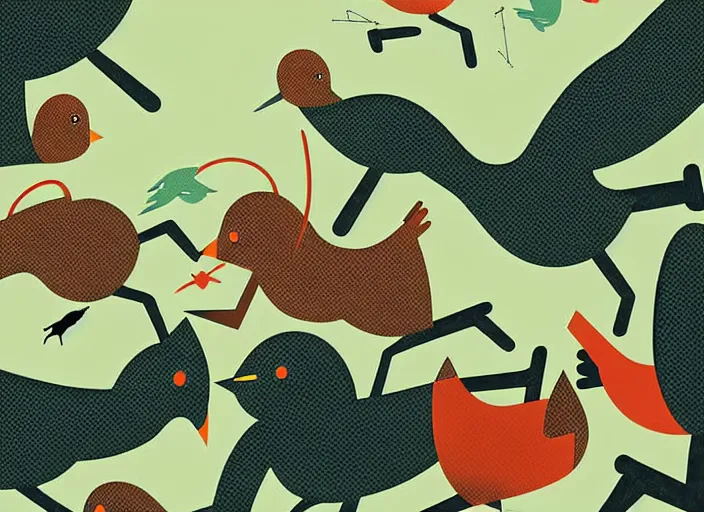 Image similar to Birds attacking cats while people run away by Karolis Strautniekas, editorial illustration, detailed, art deco, Mads Berg, matte print