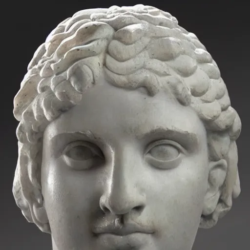 Prompt: a beautiful sculpture of a greek young man's head, the lower half of the sculpture is made of marble, the upper half of laser polygons