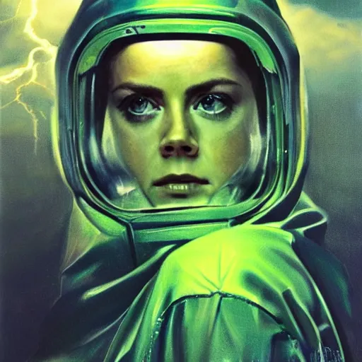 Prompt: ultra realistic portrait painting of amy adams in a hazmat suit surrounded by glowing green radiation, art by frank frazetta, vintage levi ’ s ad, stormy weather, dark vibes, 4 k, ultra realistic, highly detailed, epic lighting