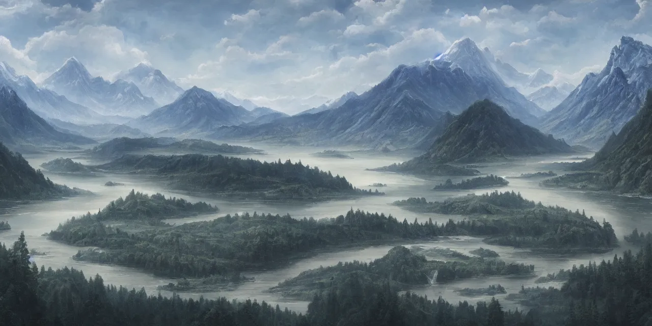 Image similar to a beautiful painting of a scene about a panorama of rivers and mountains, by xun ren and james jean, trending on artstation., ultrawide viewn and highly detailed matte painting