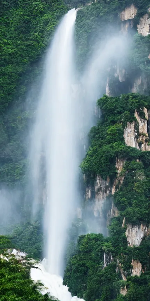 Image similar to A cloudy peak in southern China with one waterfall,in which rainbow can be seen in the middle of the waterfall. the style of National Geographic magazine