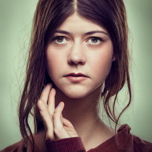 Image similar to a masterpiece portrait photo of a beautiful young woman who looks like a orc mary elizabeth winstead, symmetrical face