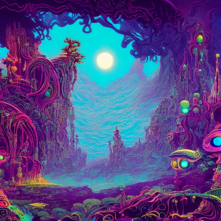 Prompt: mysterious eyeball hovers over mythical crystal temple, psychedelic waves, synthwave, bright neon colors, highly detailed, cinematic, eyvind earle, tim white, philippe druillet, roger dean, ernst haeckel, lisa frank, aubrey beardsley