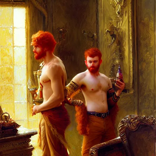 Image similar to attractive male mike with ginger hair with attractive male tyler with brunet hair, drinking their hearts out, in their noble mansion. highly defined painting, highly detailed painting by gaston bussiere, craig mullins, donato giancola 8 k