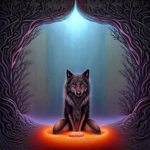 Image similar to an athromorphic wolf character meditating in a zen garden with a waterfall under the blood moon, by Adi granov and afarin sajedi and amanda sage and evgeni gordiets and Agostino Arrivabene in a psychedelic portrait style, ultrarealistic matte painting, volumetric lighting, fractal, extremely symmetrical, highly detailed face, orisha, 8k, hd