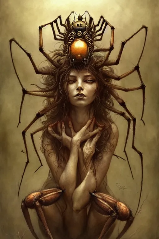 Prompt: spider queen | esoteric symbolism | jean - baptiste monge, esao andrews, bastien lecouffe - deharme, tim jacobus, ken currie | ultra - detailed realism, soft cinematic lighting, hi - fructose, artstation, high - quality, ink watercolors wes anderson poster art