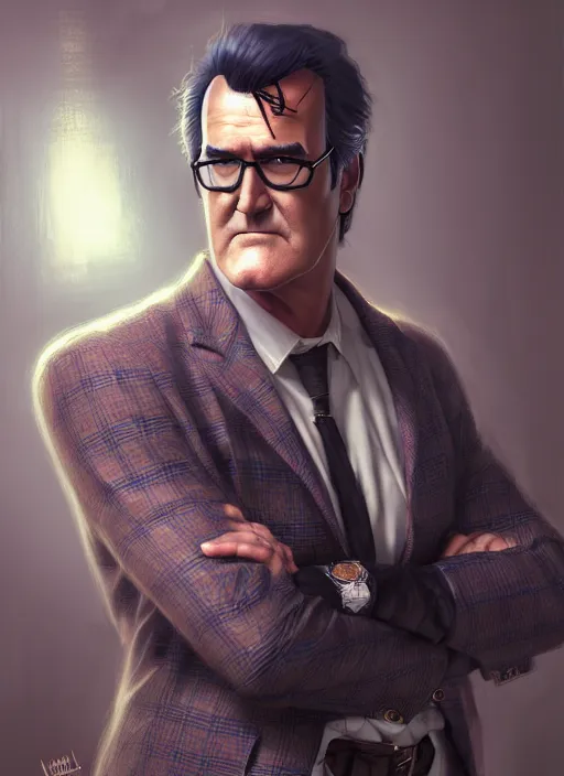 Image similar to a potrait of bruce campbell clothed in tweed as an anime, fine, realistic, shaded, lighting, ilya, kuvshinov, katsuhiro, artgerm, jeremy, lipkin, michael, garmash, unreal, engine, 5, radiant, light, detailed, intricate, environment