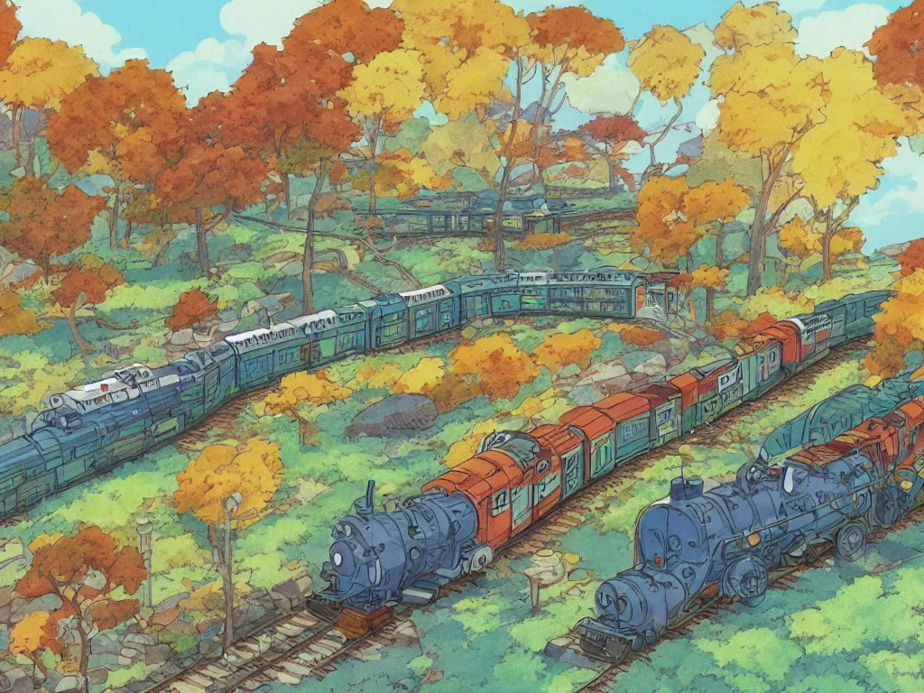 Image similar to longitudinal cut sideview of a anime train, autumn light, colorful, nausicaa of the valley of the wind, beautiful, by studio ghibli, digital art, concept art, manga, cute and adorable, illustration