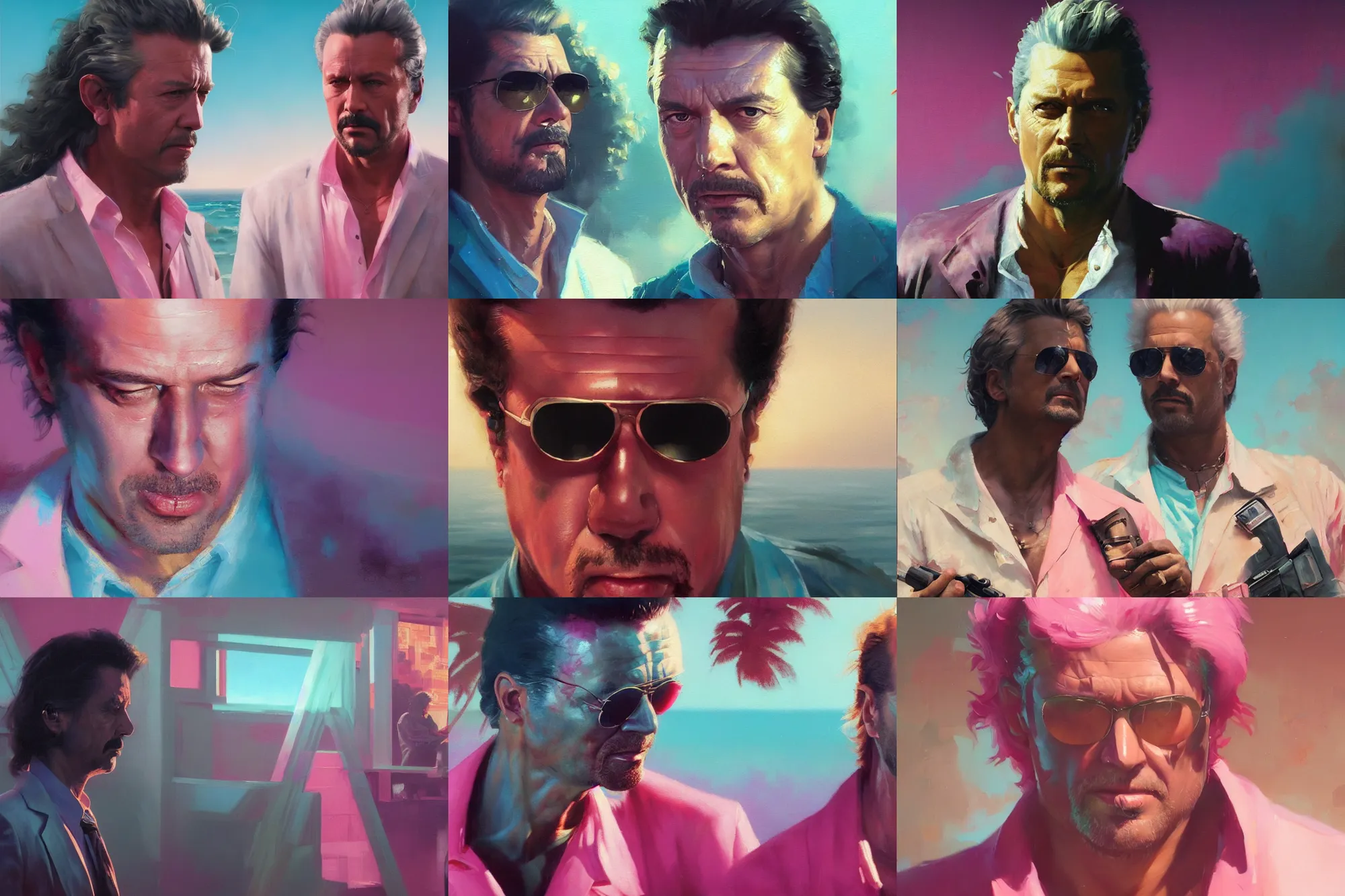 Prompt: an oil painting closeup of eighties miami vice, ultra realistic, highly detailed, masterpiece, cinematic by frank frazetta, greg rutkowski, beeple, yoko taro, christian macnevin, beeple, wlop, krenz cushart, epic fantasy character art, volumetric lighting, cgsociety, pink and teal