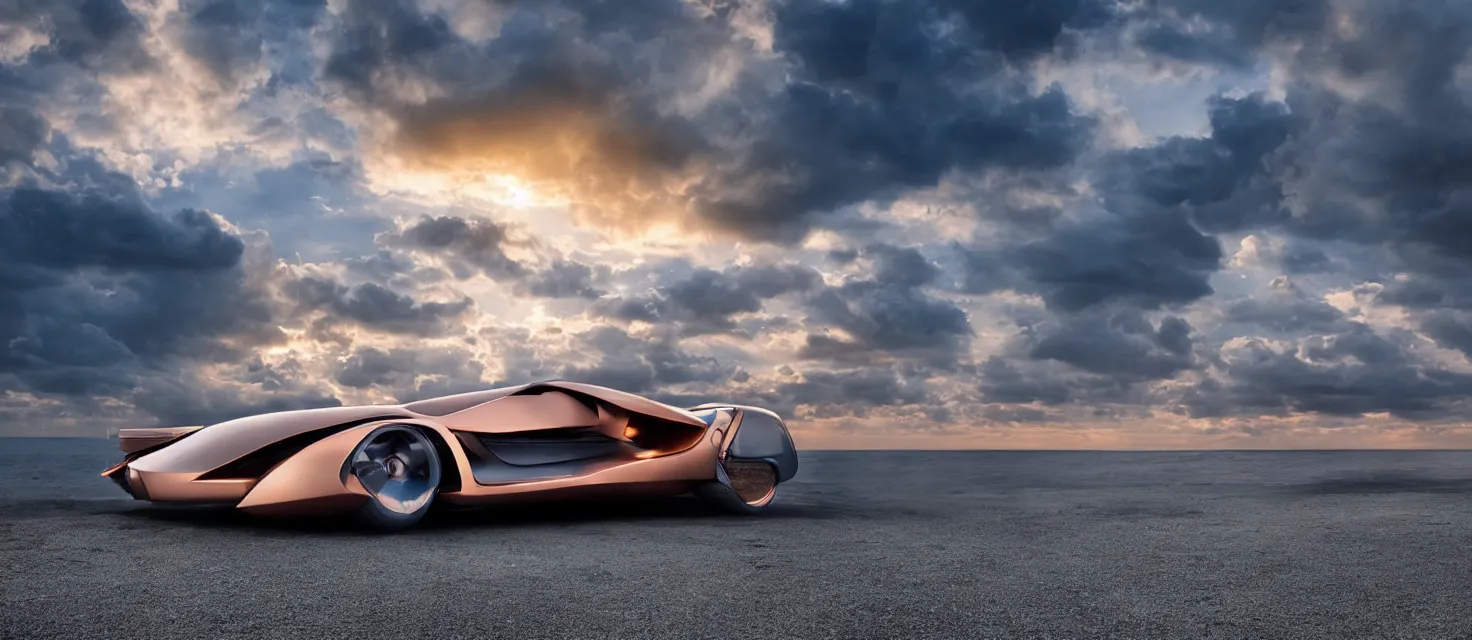 Image similar to futuristic luxury car from the year 2052, professional studio photography, award winning, dramatic lighting, clouds, colorful sunset, at the beach