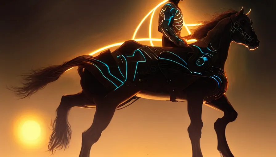 Image similar to tron legacy jesus riding cyborg horse, face, diffuse lighting, hyper realistic, concept art, intricate, hyper detailed, smooth, sharp focus, illustration, trending on artstation, art by greg rutkowski and james gurney and alphonse mucha