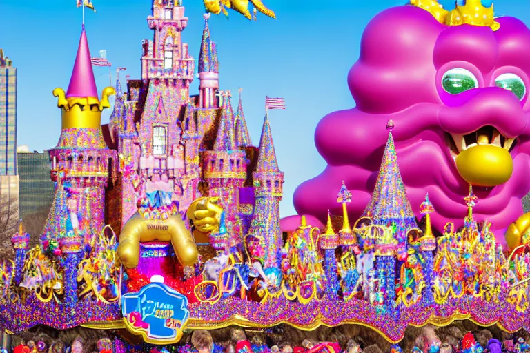 Image similar to photo of giant beautiful elaborate parade float castle designed by lisa frank and geof darrow, in the macys parade, detailed 4 k photo, gigapixel, hyperdetailed