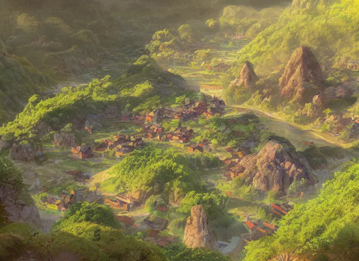 Prompt: concept art painting of a distant small woodland village in a valley seen from above, early morning, european japanese buildings, beside a river, cel shaded, detailed, realistic, by makoto shinkai and moebius and greg rutkowski and james gurney