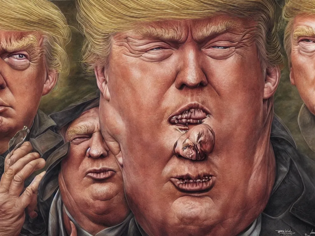 Prompt: Donald trump as baron harkonnen from Dune, highly detailed realistic painting by Tomasz Alen Kopera and hajime sorayama and salvator dali and carl spitzweg