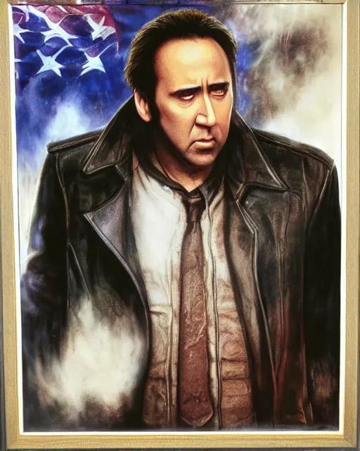 Prompt: nicolas cage in national treasure, airbrush, drew struzan illustration art, key art, movie poster