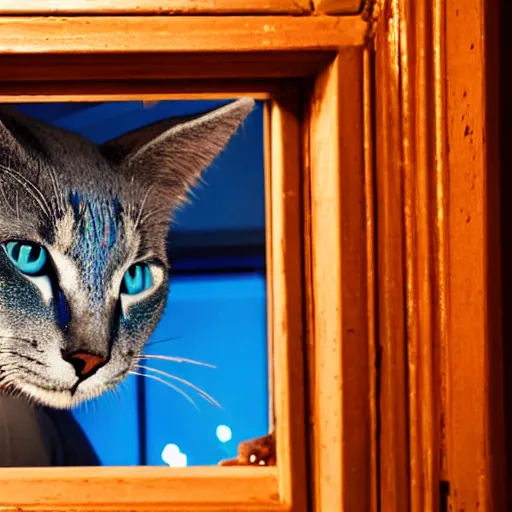 Image similar to The blue cat looking out of the window at night