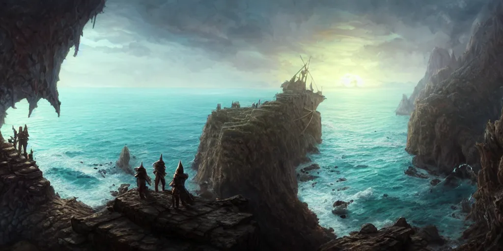 Prompt: D&D adventuring party facing away on cliff overlooking realistic shipwreck, naval background, portrait, magic the gathering artwork, D&D, fantasy, cinematic lighting, centered, symmetrical, highly detailed, digital painting, artstation, concept art, smooth, sharp focus, illustration, volumetric lighting, epic Composition, 8k, art by Akihiko Yoshida and Greg Rutkowski and Craig Mullins, oil painting, cgsociety