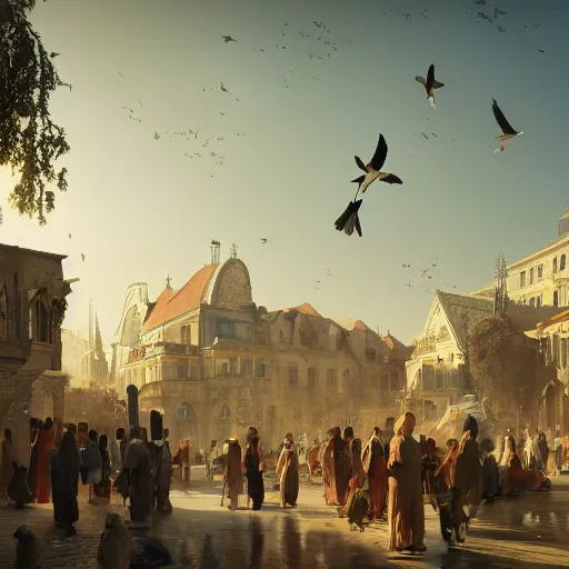 Image similar to a movimented market painted by jan baptist huysmans, adorned architecture, birds, nature, middle east, epic painting, cgsociety, beautiful, semirealism, artstation, volumetric light, octane render, sharpness, 8 k, golden ratio