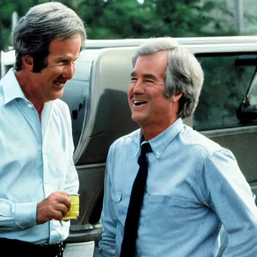 Image similar to kevin tighe with randy mantooth, laughing as they set a car on fire