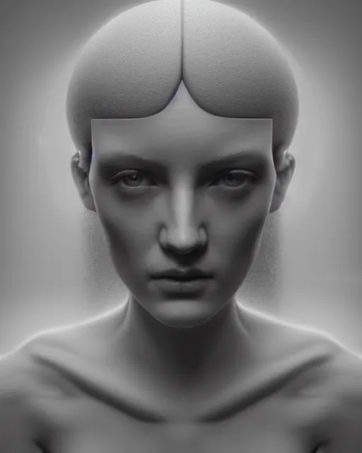 Image similar to dreamy, monochrome, subsurface scattering, white, cyborg goddess in cosmos, black and white, octane render, dino valls, mark ryden, highly detailed, rim light, art, cinematic lighting, very coherent, hyper realism, 8 k