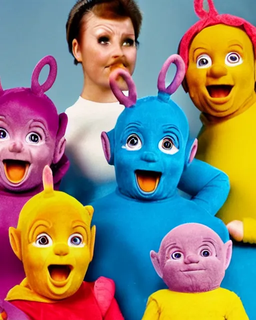 Image similar to a still from a 1 9 9 0 s cgi children's show, teletubbies, children's show character, non - human, menacing, portrait, studio lighting, yelling, film grain, 4 k