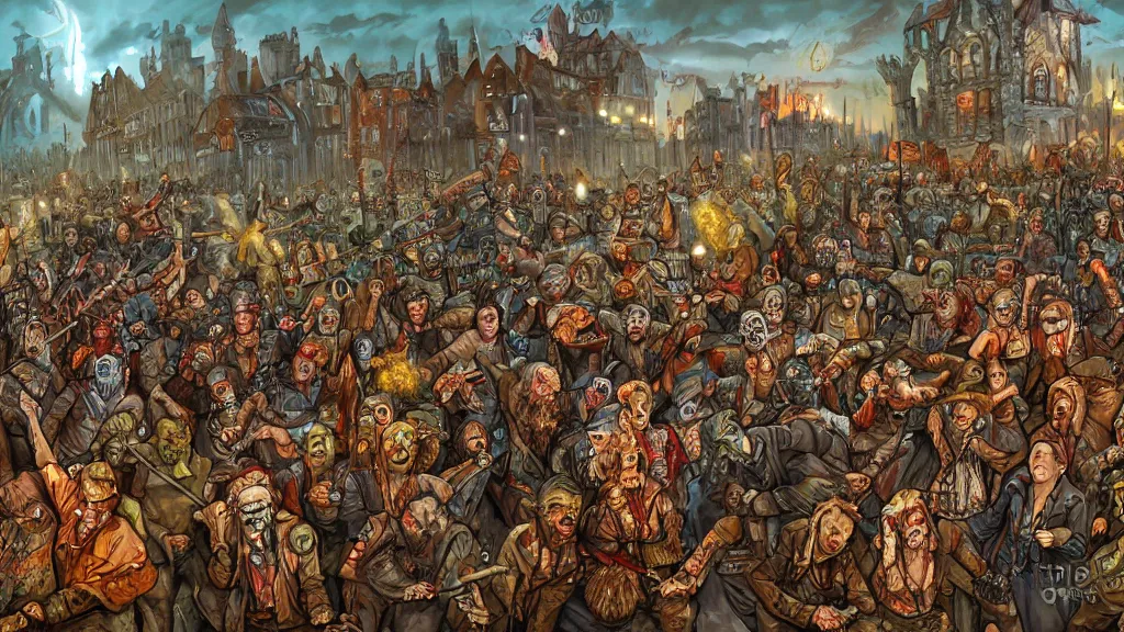 Image similar to hords of zombies flood the medival city, digital art by Jamey Jones,