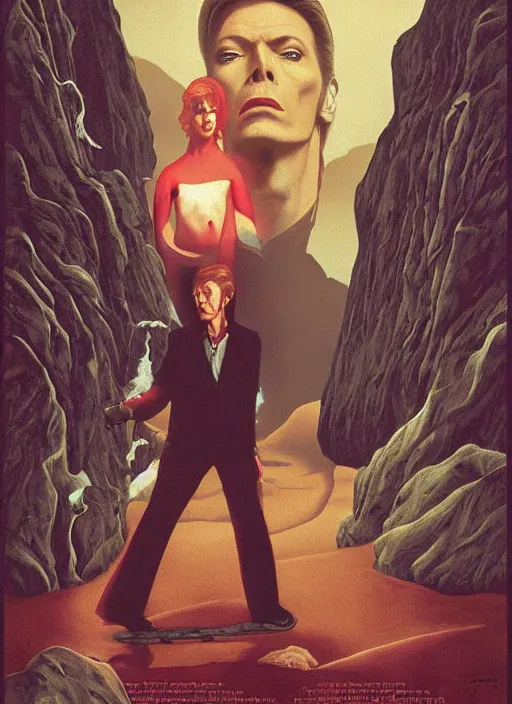 Prompt: twin peaks poster art, david bowie is confronted by the gatekeeper, old retro pulp, by michael whelan, rossetti bouguereau, artgerm, retro, nostalgic, old fashioned