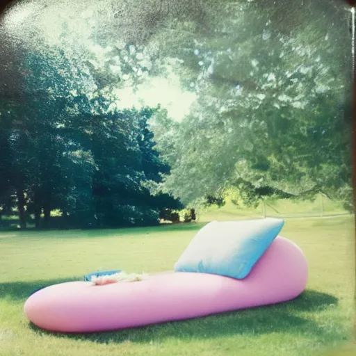 Image similar to a pastel coloured Polaroid photo of a sun lounger surrounded by soft spheres, both made of transparent iridescent perspex stood centrally in a field, beams of light, nostalgic