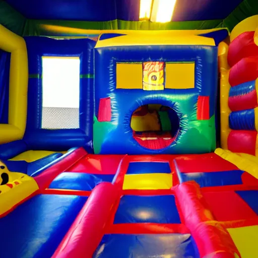 Image similar to a darkly lit indoor playplace bounce house photo taken with a deposable camera, limital space