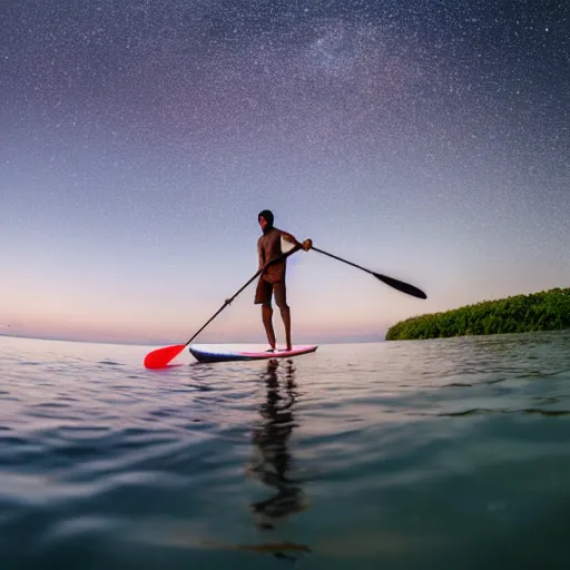 Prompt: slim pakistani male in a tshirt and shorts paddleboarding in the ocean off the edge of a flat earth, landscape, 4k, wide lens, starry night