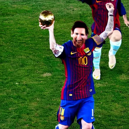 Prompt: Lionel Messi lifting the FIFA World Cup, epic photo, joyful, celebrating in the pitch