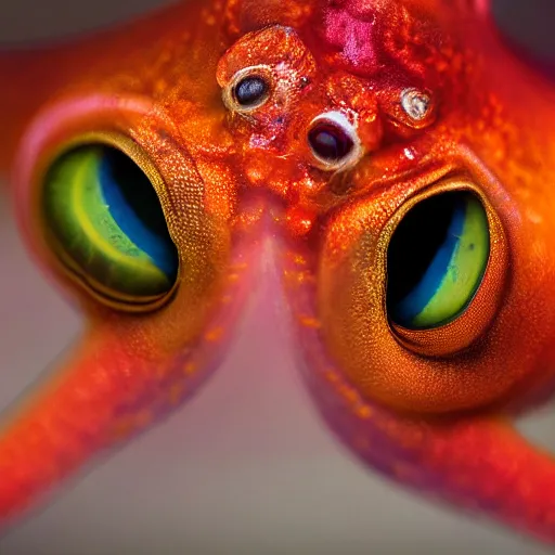 Image similar to fiery whimsical emotional eyes cephalopod, in a photorealistic macro photograph with shallow dof