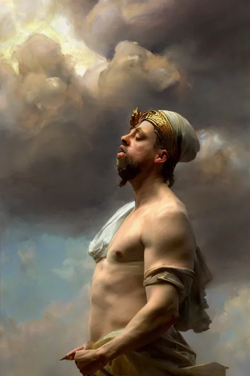 Image similar to beautiful detailed expressive impressionistic oil painting portrait of ancient roman god emperor steve buscemi ascending into the clouds wearing the civic crown, renaissance painting, art by anders zorn, wonderful masterpiece by greg rutkowski, expressive brush strokes, beautiful cinematic light, american romanticism by greg manchess, jessica rossier