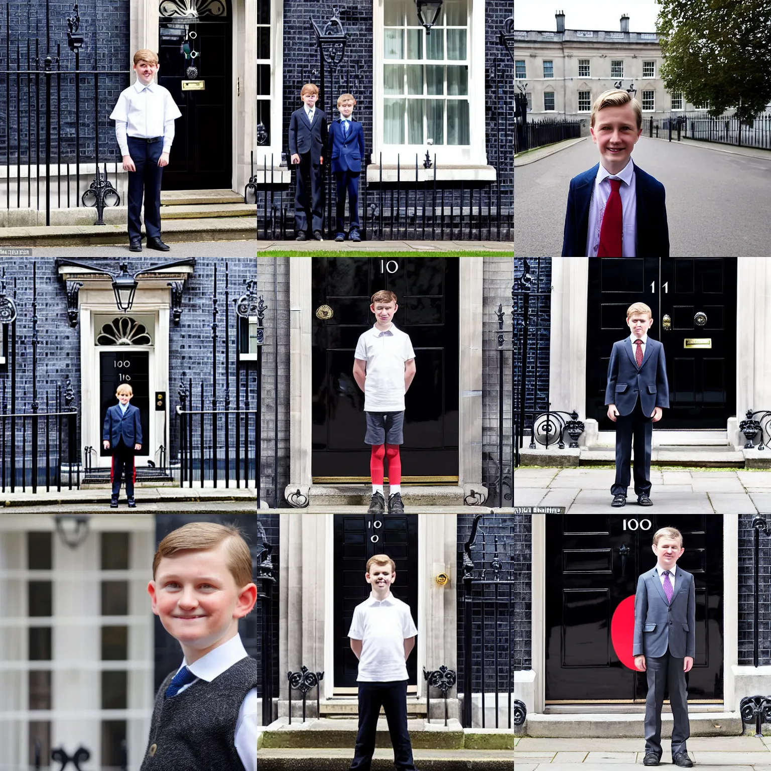 Prompt: An 11 year old white boy as Prime Minister of the United Kingdom, standing outside of 10 Downing Street, photo portrait