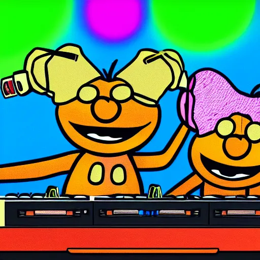 Image similar to svg sticker of a Pop-Wonder Bert&Ernie, Sesame-Street, at a rave, spinning records, giant headphones rocking out, wearing headphones, huge speakers, dancing, rave, DJ, spinning records, digital art, amazing composition, rule-of-thirds, award-winning, trending on artstation, featured on deviantart