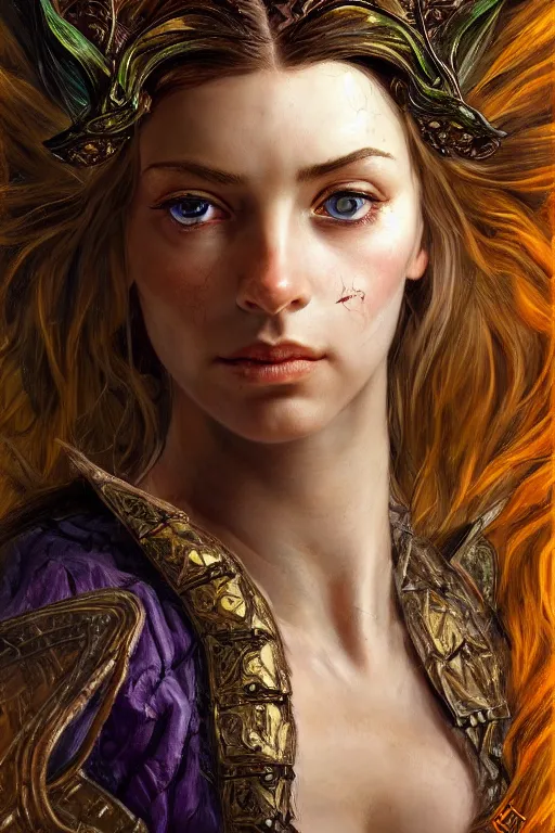 Prompt: high quality extremely detailed closeup portrait of a young gorgeous female warlock looking away from the camera, green eyes, no hands visible, fantasy, d & d, intricate, painting by lucian freud and mark brooks, hd