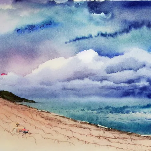 Image similar to the soaring sky with clouds above a beach below, watercolor, by japanese masters, 4 k, beautiful, strong colors, surreal, trending on artstation,