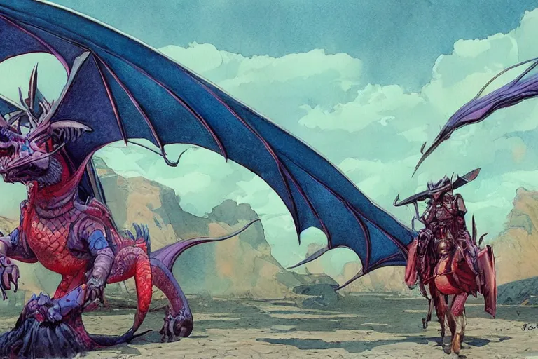 Image similar to wide angle on fantasy dragon lama rider with hood or hat, scifi, art by moebius or juan gimenez, in watercolor gouache detailed paintings, in style of syd mead, colorful comics style, artstation