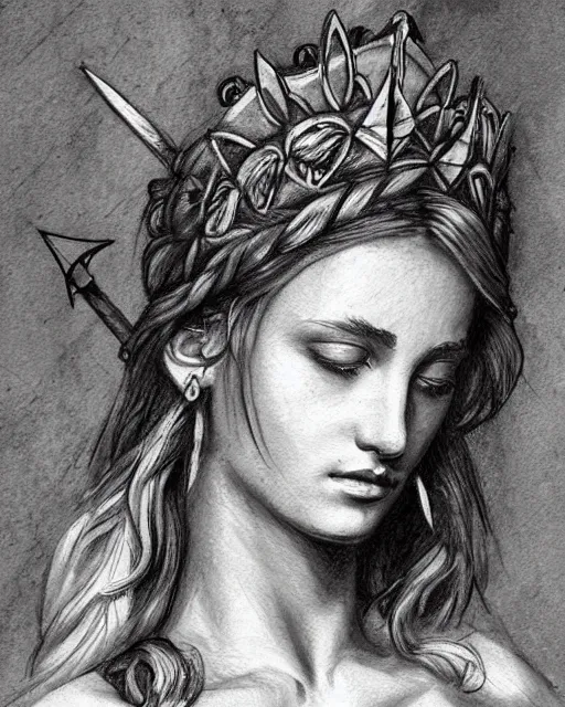 Image similar to realism tattoo sketch of a beautiful greek goddess aphrodite wearing a laurel wreath and arrowhead earrings, in the style of greg rutkowski, amazing detail