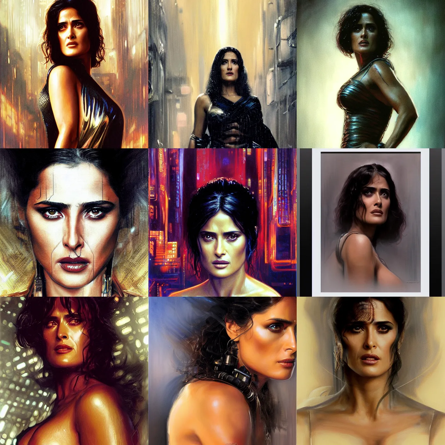 Prompt: an portrait of Salma Hayek as a replicant from blade runner, detailed, centered, digital painting, artstation, concept art, donato giancola, Joseph Christian Leyendecker, WLOP, Boris Vallejo, Breathtaking, 8k resolution, extremely detailed, beautiful, establishing shot, artistic, hyperrealistic, beautiful face, octane render