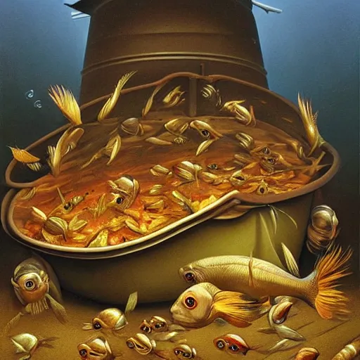 Image similar to a worried fish on the top of a pile of fish, all the fish are inside a cooking pot on the fire, side view, by vladimir kush, dystopian art, rococo