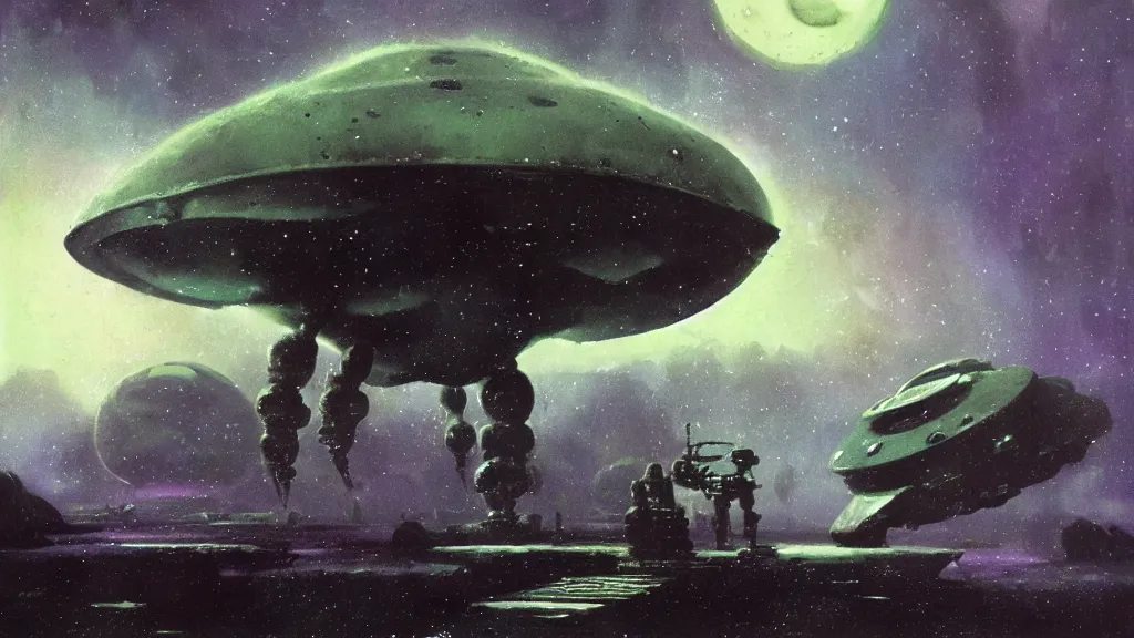 Image similar to eerie atmospheric alien planet with a small dropship pod landing by paul lehr and jack gaughan and john schoenherr, epic cinematic matte painting